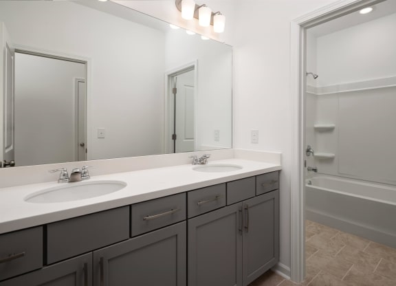 a bathroom with two sinks and a shower and a mirror