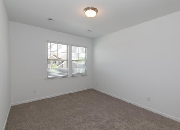 an empty living room with carpet and a window