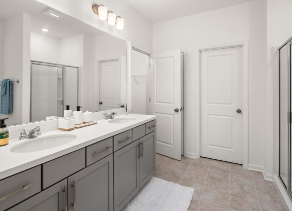 a bathroom with two sinks and a mirror
