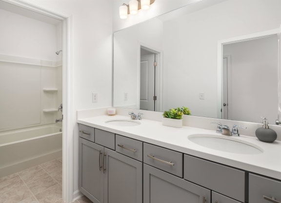 a bathroom with two sinks and a large mirror