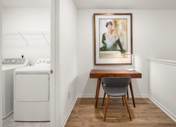 a room with a desk and a painting and a washing machine