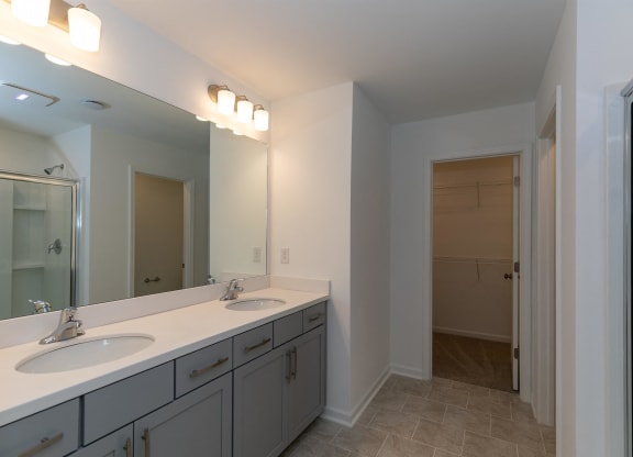 a bathroom with two sinks and a large mirror