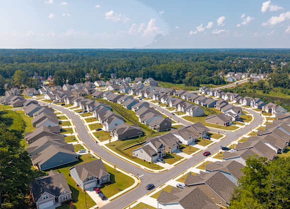 Scenic aerial shot capturing the homes and neighborhood streets.