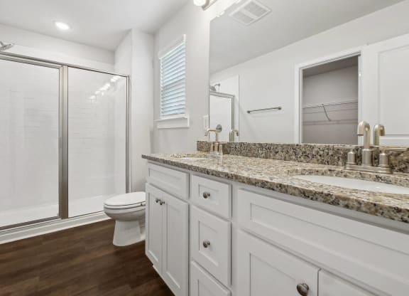 a bathroom with a sink and a toilet and a shower