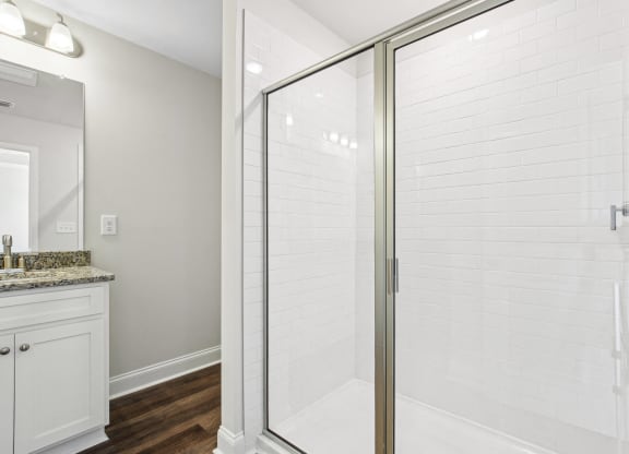 a bathroom with a shower and a sink