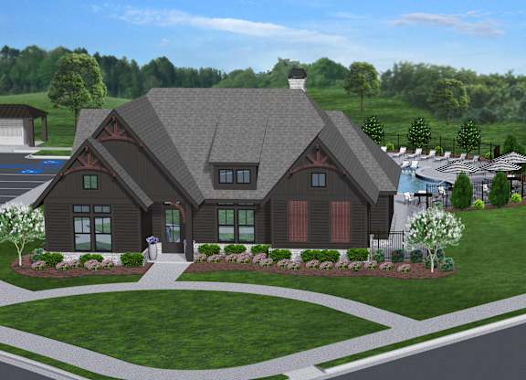 A rendering of a modern house with a large front yard.