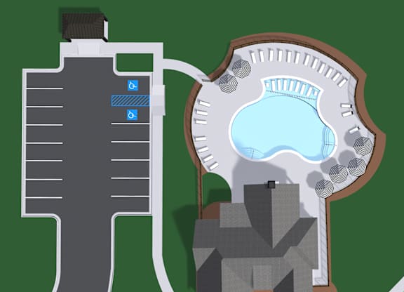 A map shows a water tower and a building with a pool.
