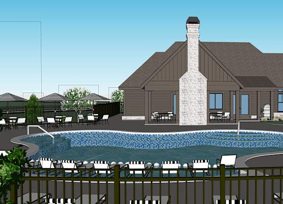 A house with a pool in front of it.