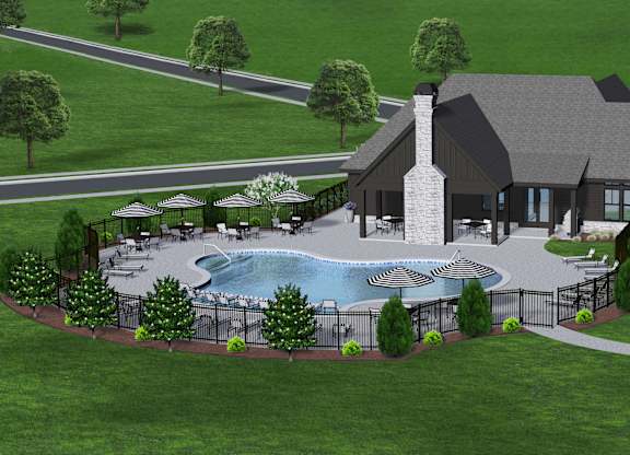 A rendering of a house with a pool and a patio area.