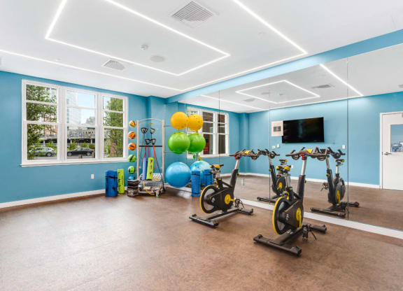 Yoga studio at station row with spin bikes