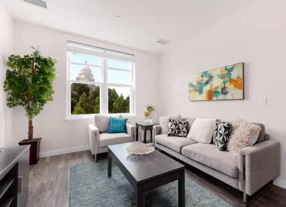 model apartment common space with large window