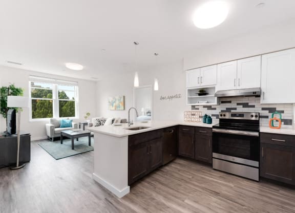 Station Row Model apartment, stainless appliances and open kitchen