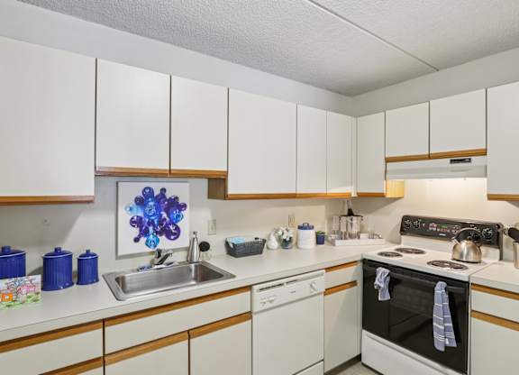 A kitchen with white cabinets and a stove top oven.