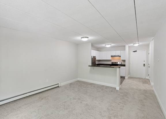 A white room with a carpeted floor and a counter in the background.