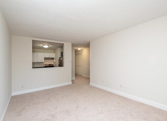 Quincy Commons one bedroom with kitchen lookout and plush carpeting