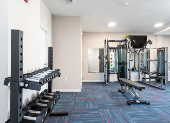 View of the fitness room with free weights at Millside Apartments