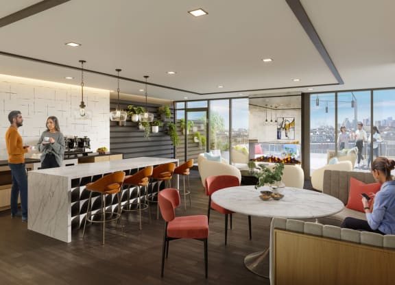 An inviting sky lounge with expansive floor-to-ceiling windows offering breathtaking views of the city skyline. The lounge is furnished with plush armchairs, a modern fireplace, and stylish decor. Residents are seen both inside and on the connected outdoor terrace, enjoying the luxurious and cozy environment designed for relaxation and social interaction.