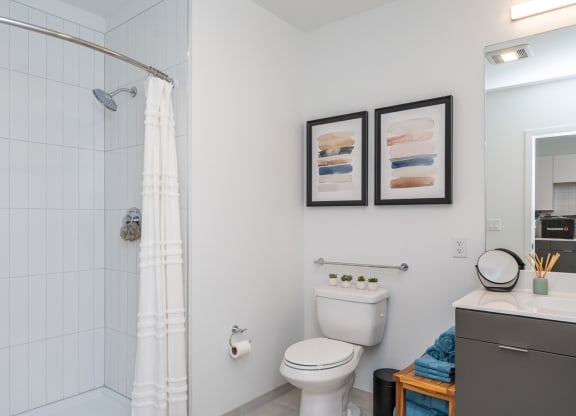 a white bathroom with a shower and a toilet