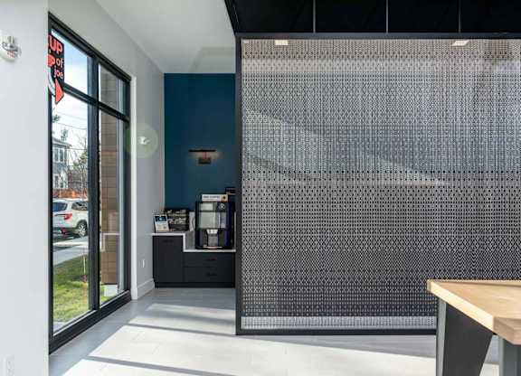 The coffee bar in DUO's entry lobby in Chelsea MA
