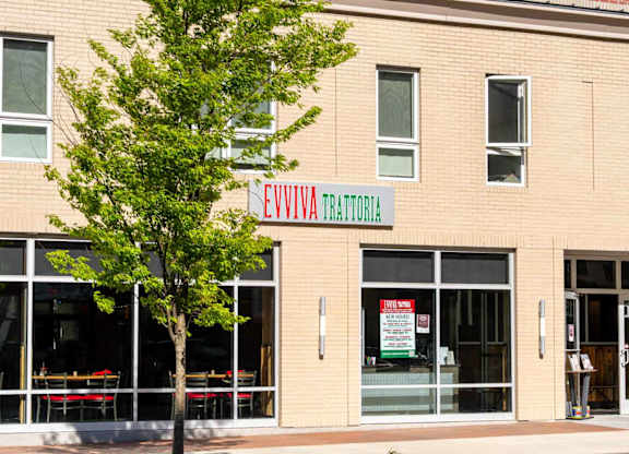 A building with a tree in front of it and a sign that says EWIVIA TRATORIA.
