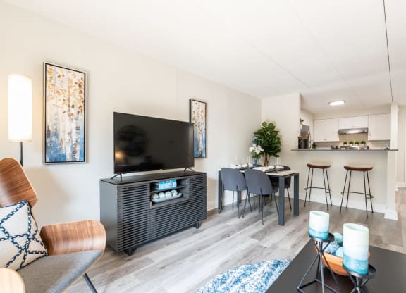 a living and dining area with a television and a kitchen in the background