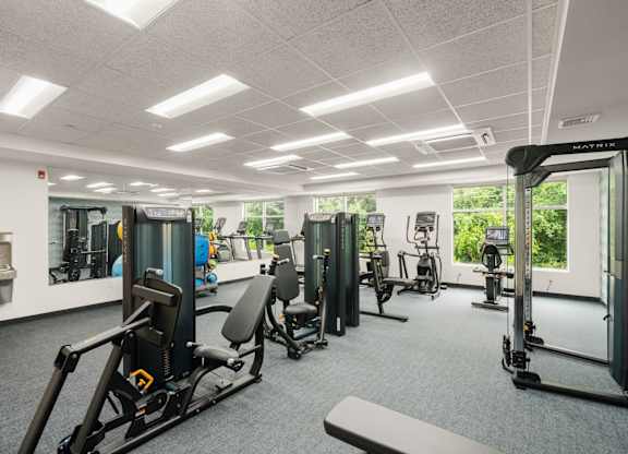 A gym with a variety of equipment including a rowing machine, a leg press machine, and a bench.