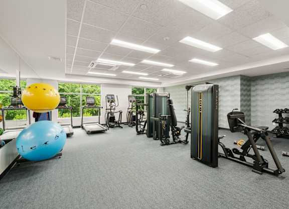 A gym with a variety of equipment including a blue exercise ball and a yellow exercise ball.