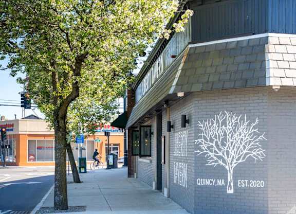 A tree is in front of a building with a sign that says Quincy, MA established 2020.