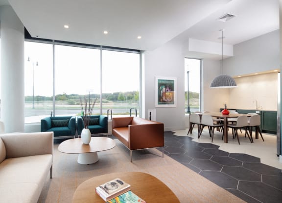 community room with large windows