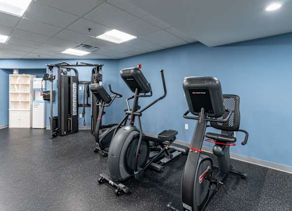 a group of exercise bikes in a room