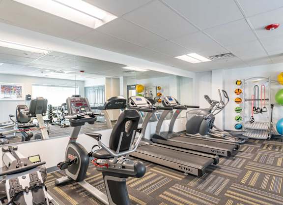 A gym with treadmills, exercise bikes, and other equipment.