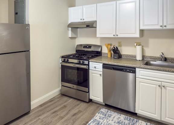 A kitchen with a stainless steel refrigerator, stove, and dishwasher.