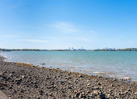 A rocky beach with a city skyline in the distance under a clear blue sky.