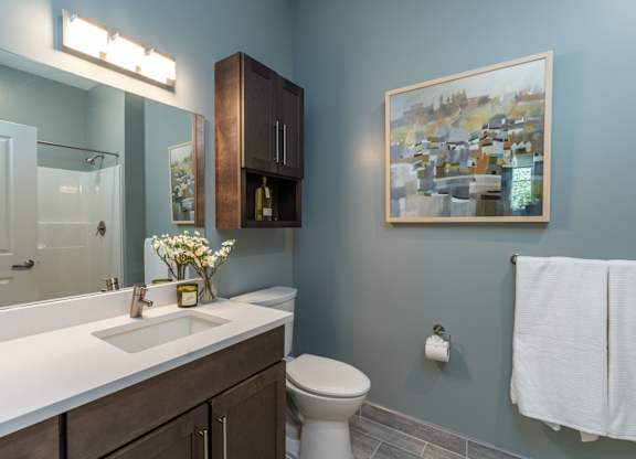 The Residences at Crosspoint bathroom features a white vanity countertop with an undermount sink, dark wood cabinetry, a large mirror reflecting a walk-in shower, and an abstract painting on a slate-blue wall.