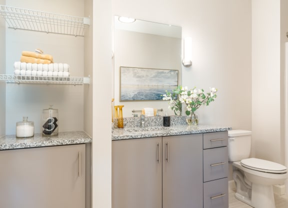 redbrook model apartment bathroom with cabinets and bright lighting
