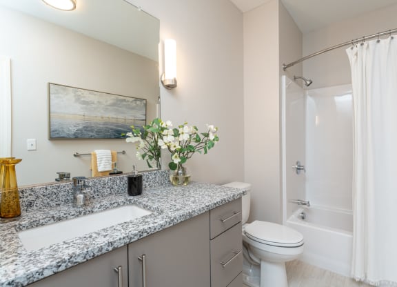 Model apartment bathroom with large mirror