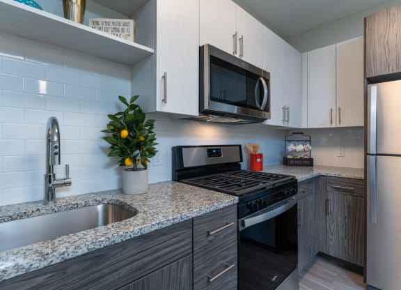 Redbrook model apartment with granite counters, stainless appliances, under cabinet lighting
