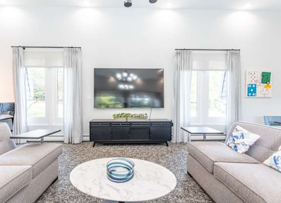 a living room with a couch and a table and a television