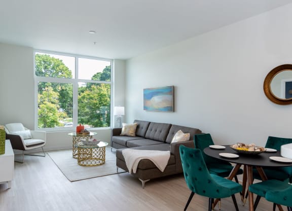 Station Square open concept layout, living and dining