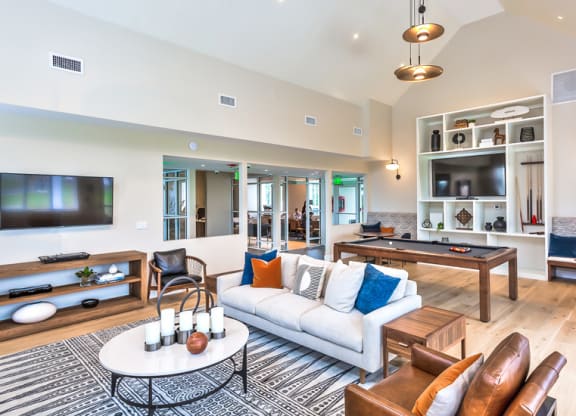 Redbrook community room with pool table, tv, fireplace and more.