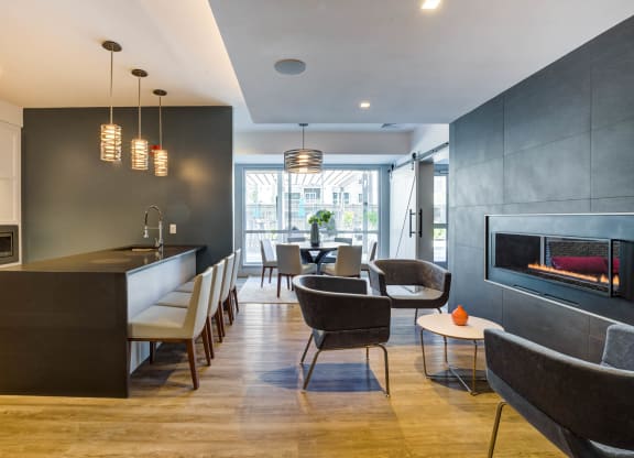 Community room kitchen with fireplace