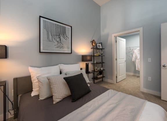 a bedroom with a bed and a closet