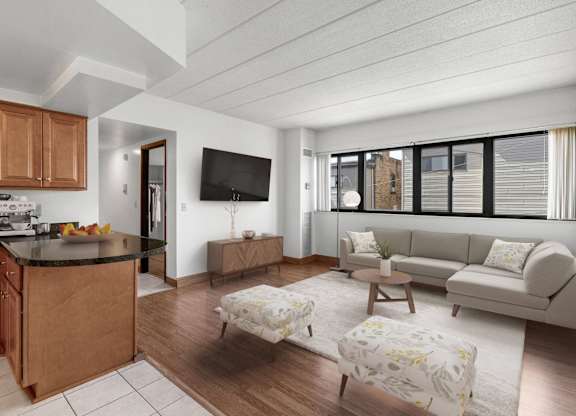 Living Room and Kitchen at Bates Hill Apartments.