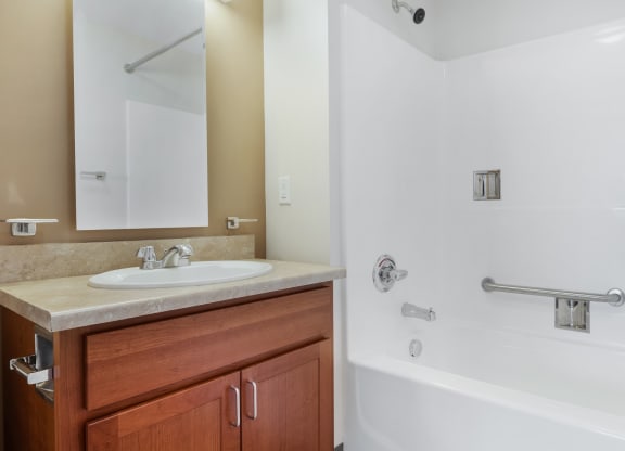 a bathroom with a sink and a bathtub at Waterfront Apartments, Buffalo, NY