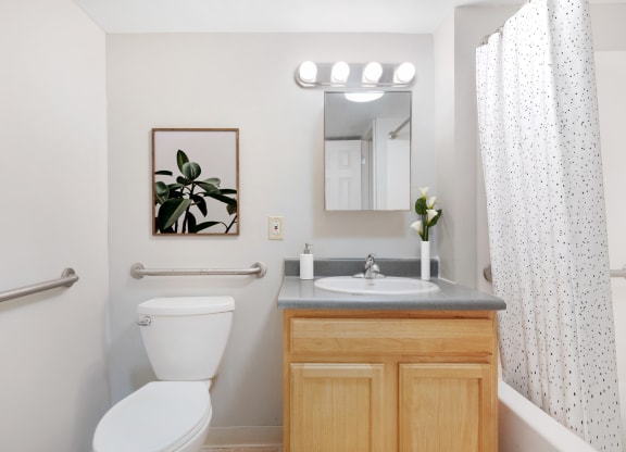 a bathroom with a toilet sink and bathtub  at Shoreline Apartments, Buffalo, NY, 14201