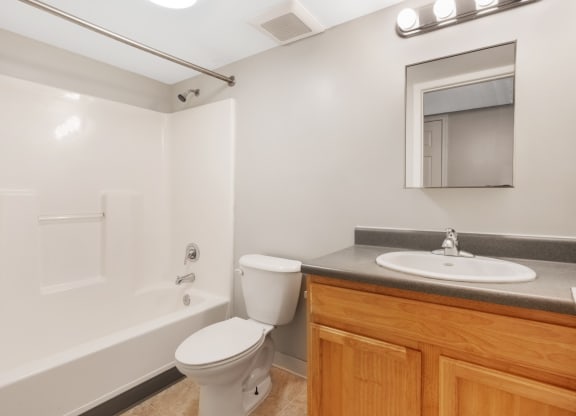 A bathroom with a toilet sink and bathtub  at Shoreline Apartments, Buffalo, New York