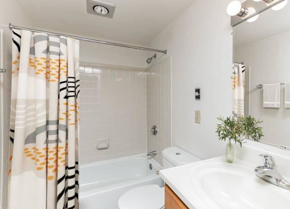 a bathroom with a shower and a sink and a bath tub at Bates Hill Apartments Pittsburgh, PA.