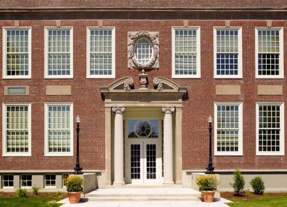 Entrance of Wilber School Apartments, Sharon, Massachusetts, 02067.