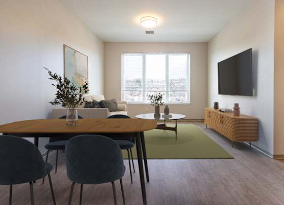 A modern dining room with a wooden table and chairs  at 35 Broadway Apartments, Menands, New York