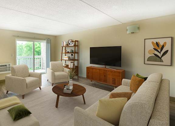 a living room with a couch and chairs and a television at North Stoughton Village, Massachusetts